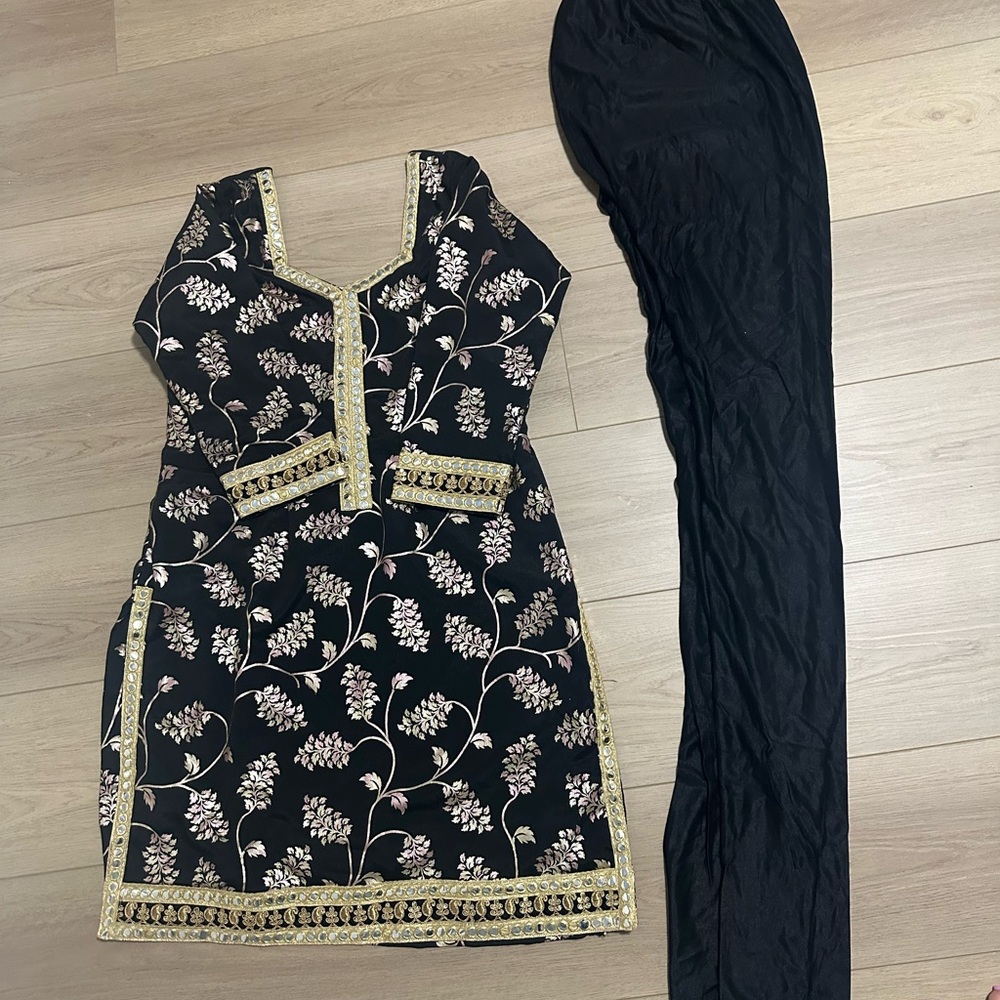 Black Floral Embroidered Dress with Matching Scarf